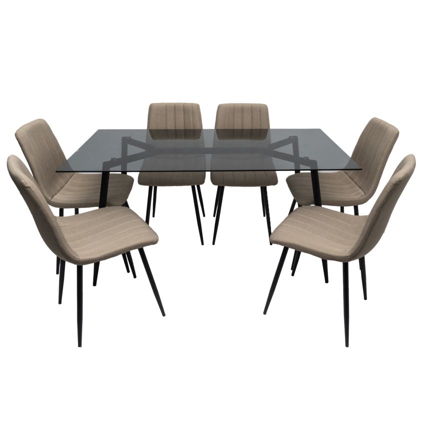 Set masa MBS-43 sticla, 150x80cm, cu 6 scaune tapitate bej