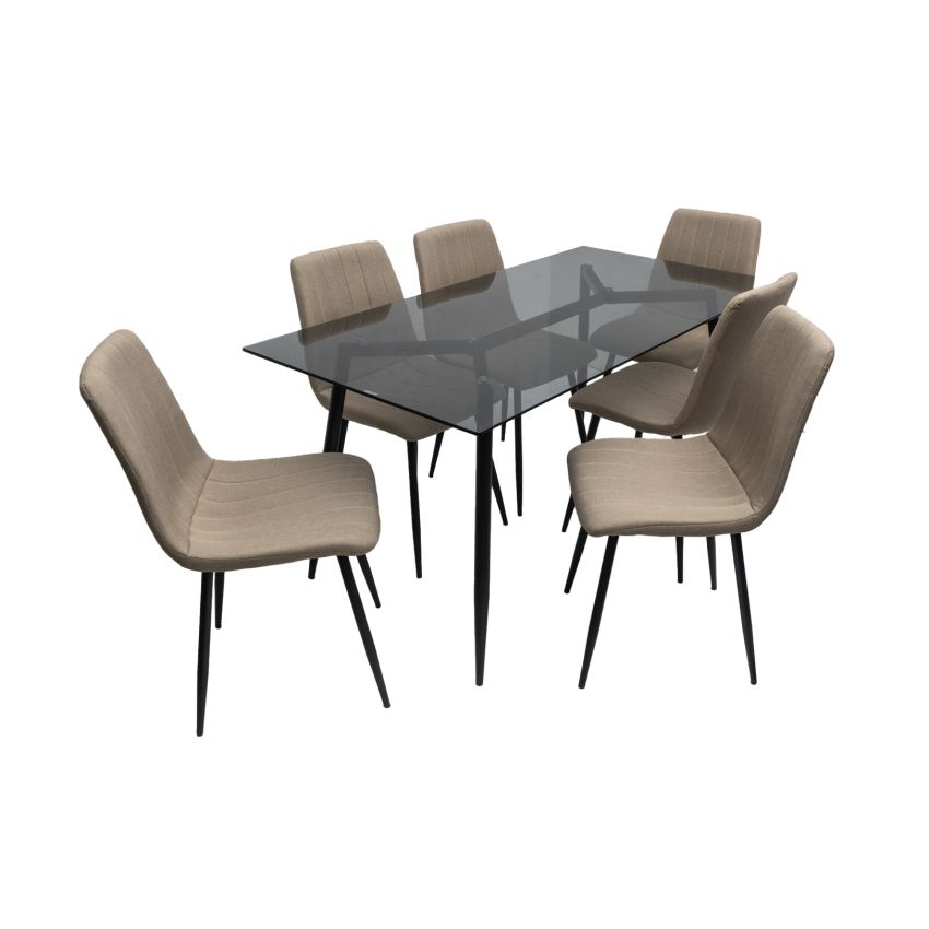 Set masa MBS-43 sticla, 150x80cm, cu 6 scaune tapitate bej