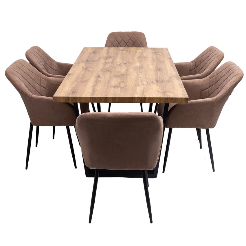 Set masa 160x90 cm MB-95, cu 6 scaune tapitate ML-5 maro