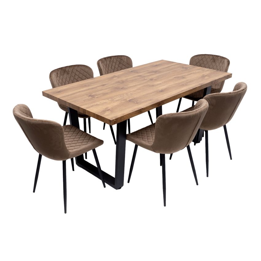 Set masa 160x90 cm MB-95, cu 6 scaune tapitate S-153 maro