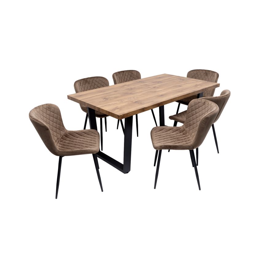 Set masa 160x90 cm MB-95, cu 6 scaune tapitate S-153 maro