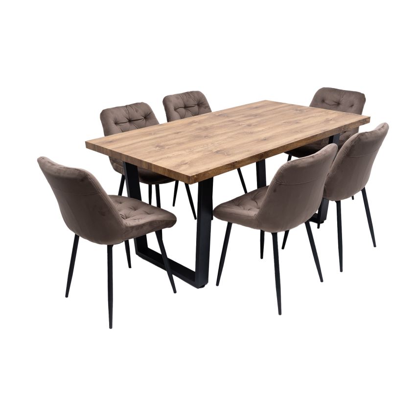 Set masa 160x90 cm MB-95, cu 6 scaune tapitate S-212 maro
