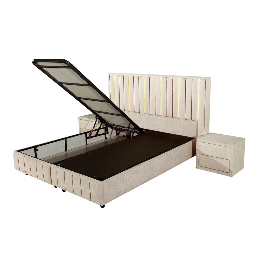 Pat Veloria, 160x200 cm, cappuccino, cu saltea si somiera metalica rabatabila, iluminare led