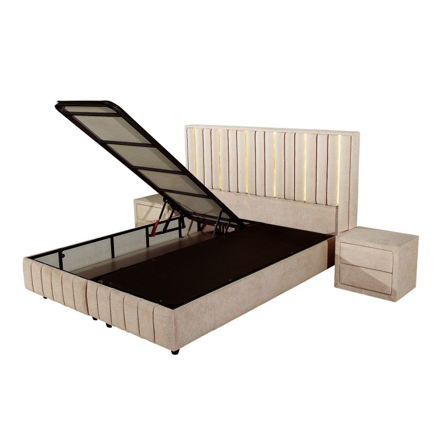 Pat Veloria, 160x200 cm, cappuccino, cu saltea si somiera metalica rabatabila, iluminare led