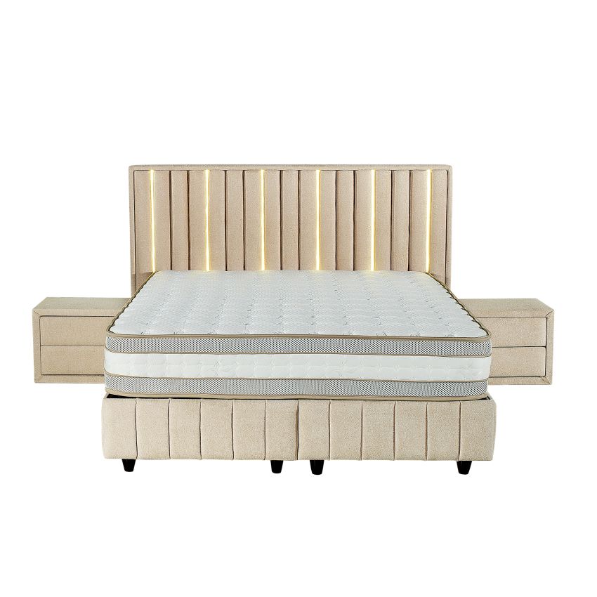 Pat Veloria, 160x200 cm, cappuccino, cu saltea si somiera metalica rabatabila, iluminare led