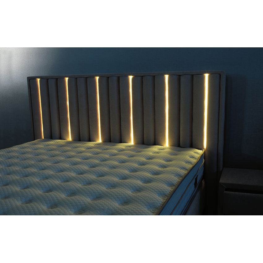 Pat Veloria, 160x200 cm, gri deschis, cu saltea si somiera metalica rabatabila, iluminare led