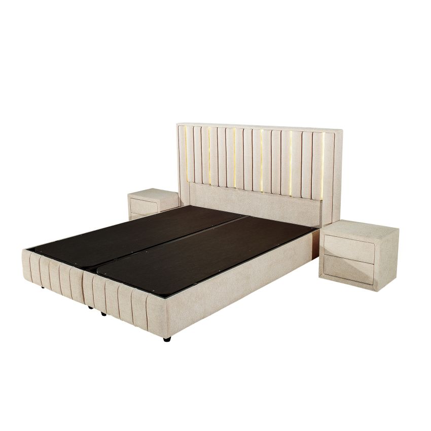 Pat Veloria, 160x200 cm, cappuccino, cu saltea si somiera metalica rabatabila, iluminare led