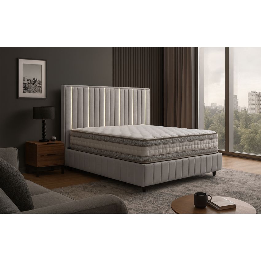 Pat Veloria, 160x200 cm, gri deschis, cu saltea si somiera metalica rabatabila, iluminare led