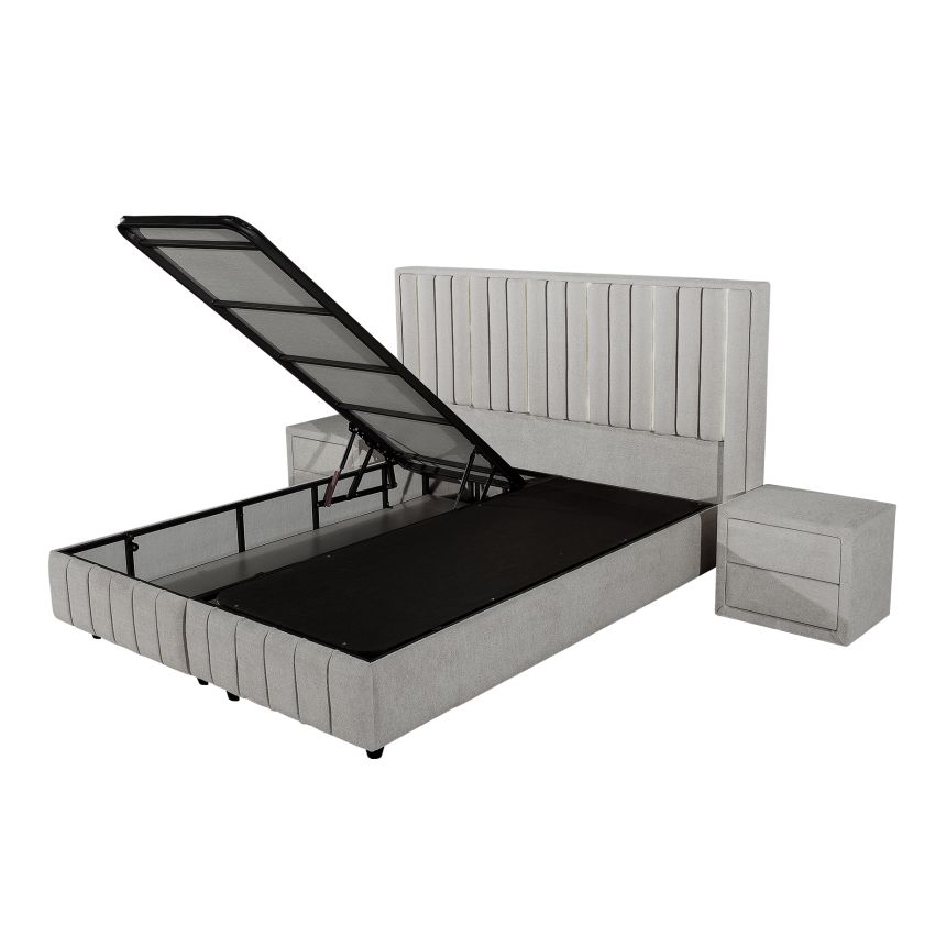 Pat Veloria, 160x200 cm, gri deschis, cu saltea si somiera metalica rabatabila, iluminare led