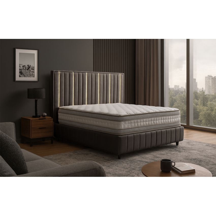 Pat Veloria, 160x200 cm, gri deschis, cu saltea si somiera metalica rabatabila, iluminare led