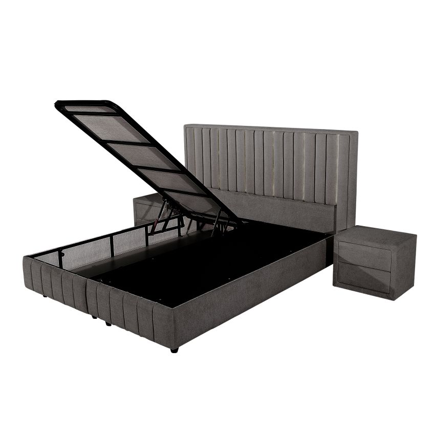Pat Veloria, 160x200 cm, gri inchis, cu saltea si somiera metalica rabatabila, iluminare led