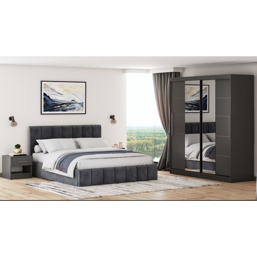 Set dormitor Cozy gri inchis, dulap Radu 180 cm Gri, cu oglinda