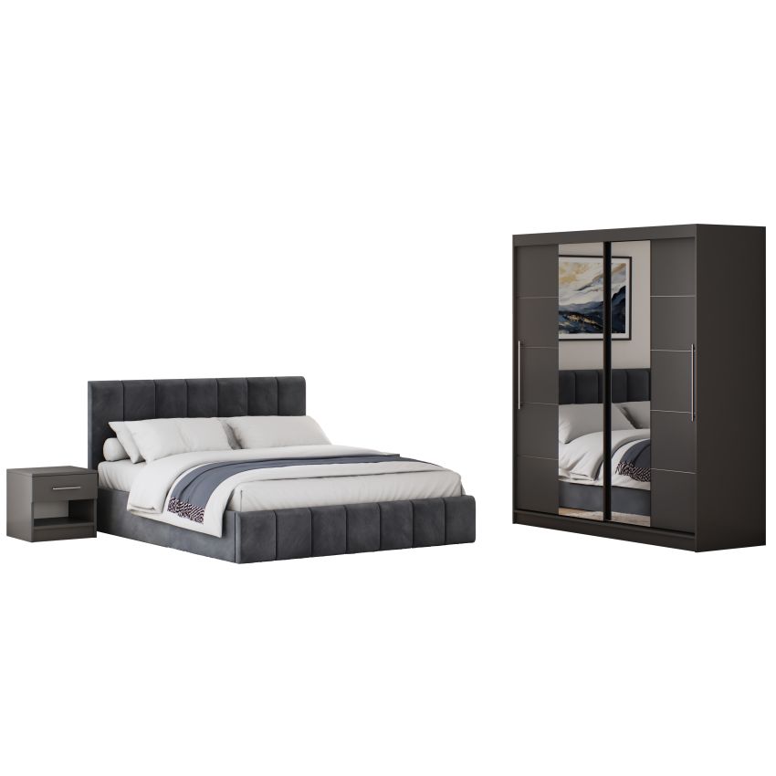 Set dormitor Cozy gri inchis, dulap Radu 180 cm Gri, cu oglinda
