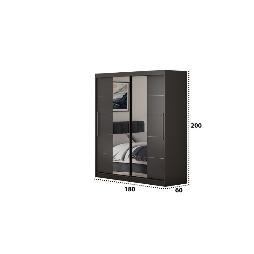 Set dormitor Cozy gri inchis, dulap Radu 180 cm Gri, cu oglinda