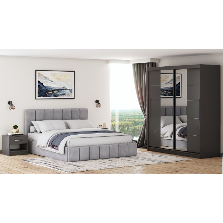 Set dormitor Cozy gri deschis, dulap Radu 180 cm Gri, cu oglinda
