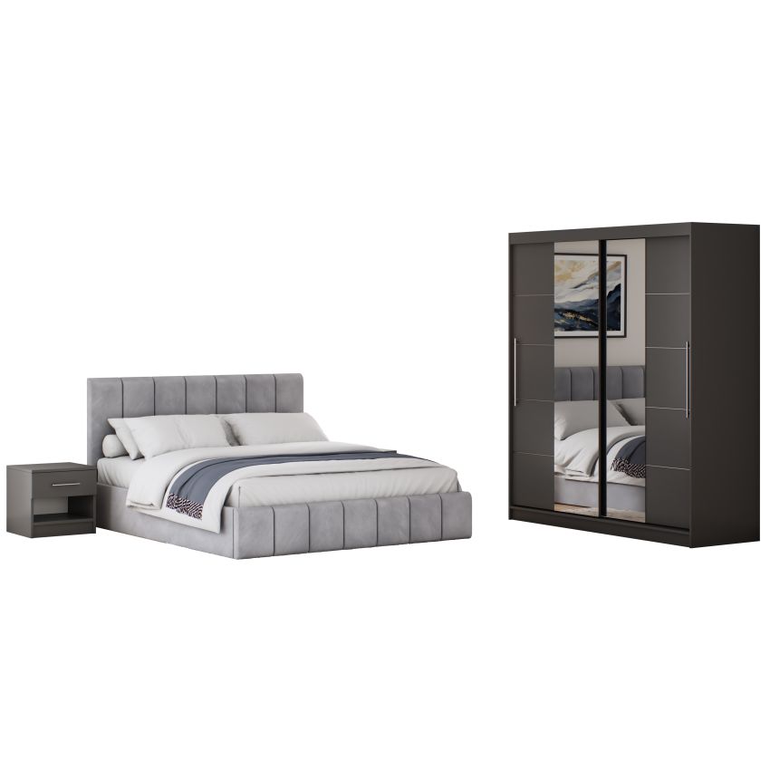 Set dormitor Cozy gri deschis, dulap Radu 180 cm Gri, cu oglinda