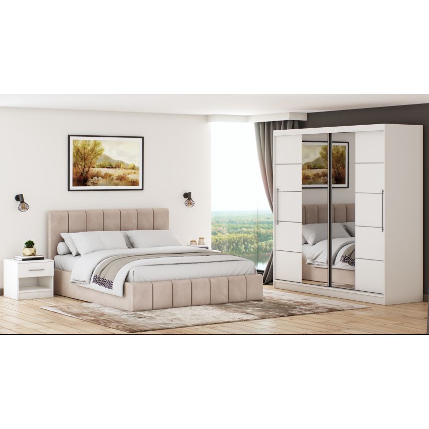 Set dormitor Cozy cappuccino, dulap Sara 200 cm Alb, cu oglinda