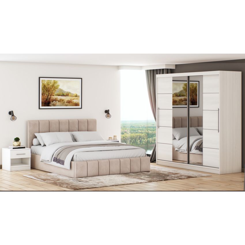 Set dormitor Cozy cappuccino, dulap Sara 200 cm Pin, cu oglinda