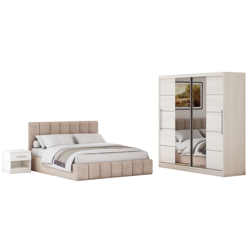 Set dormitor Cozy cappuccino, dulap Sara 200 cm Pin, cu oglinda