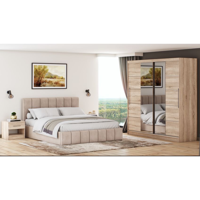 Set dormitor Cozy cappuccino, dulap Radu 180 cm Sonoma, cu oglinda