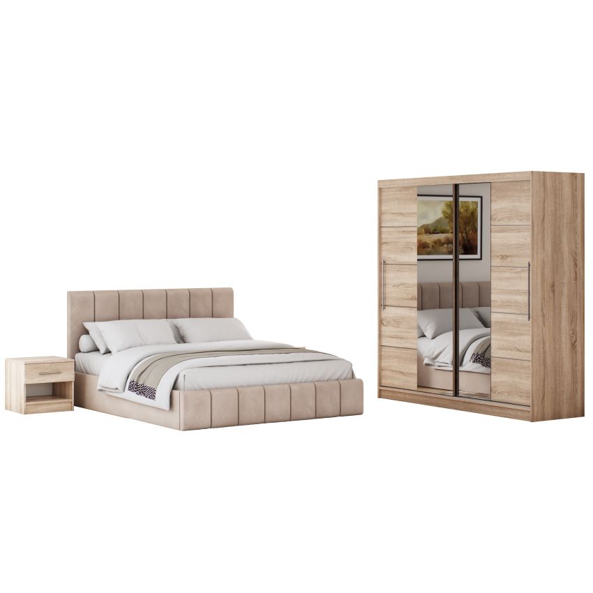 Set dormitor Cozy cappuccino, dulap Radu 180 cm Sonoma, cu oglinda