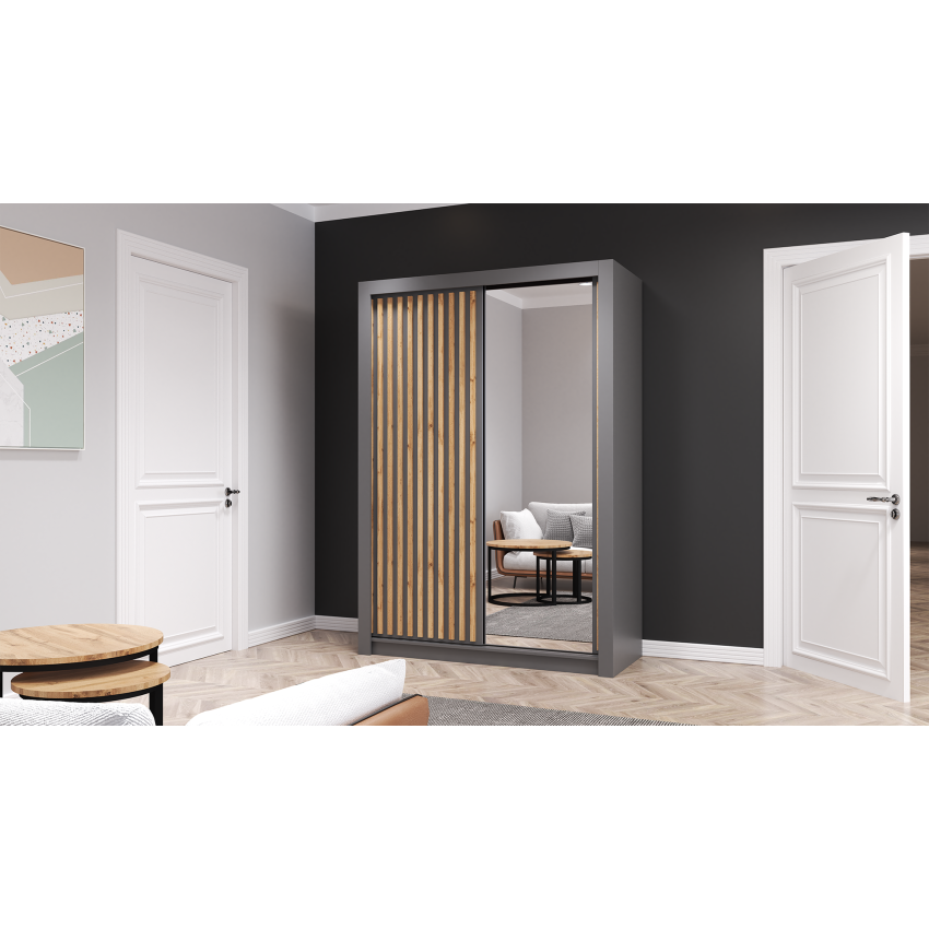 Dressing Vegas cu lamele artisan si oglinda, gri, 150x200x61 cm