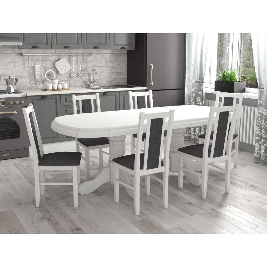 Set masa extensibila jork 160-200 cm, lemn masiv alb, cu 6 scaune tapitate stofa alb, S-38 b14 24B