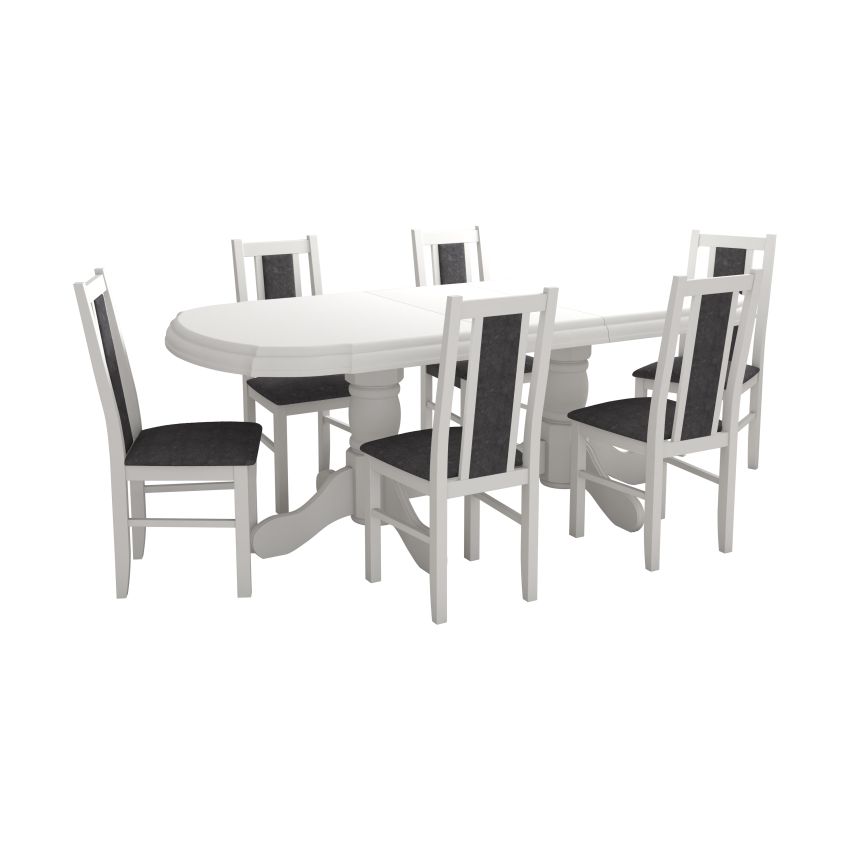 Set masa extensibila jork 160-200 cm, lemn masiv alb, cu 6 scaune tapitate stofa alb, S-38 b14 24B