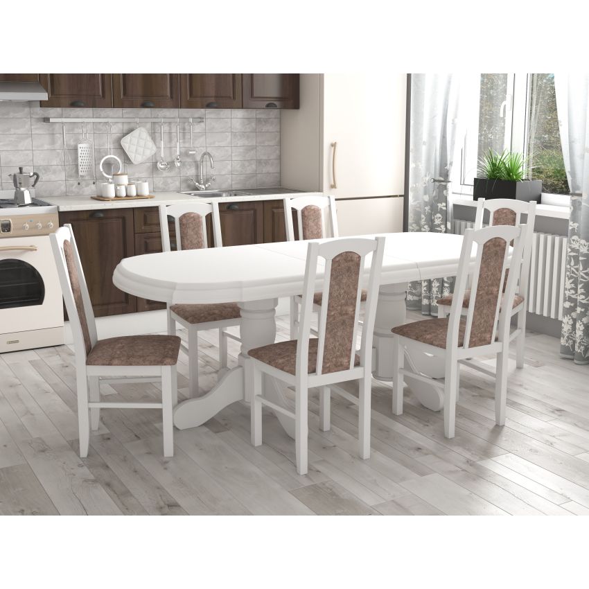 Set masa extensibila jork 160-200 cm, lemn masiv alb, cu 6 scaune tapitate stofa alb, s-37 Boss 7 25b