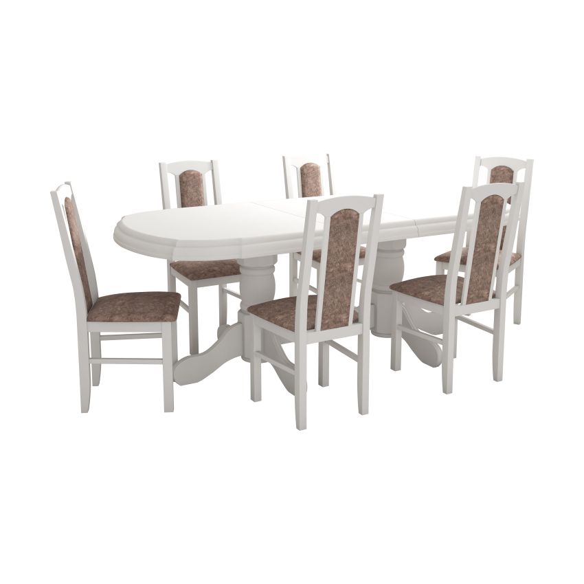 Set masa extensibila jork 160-200 cm, lemn masiv alb, cu 6 scaune tapitate stofa alb, s-37 Boss 7 25b