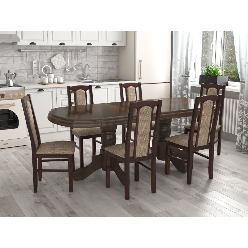 Set masa extensibila jork 160-200 cm, lemn masiv nuc, cu 6 scaune tapitate stofa maro, s-37 O2