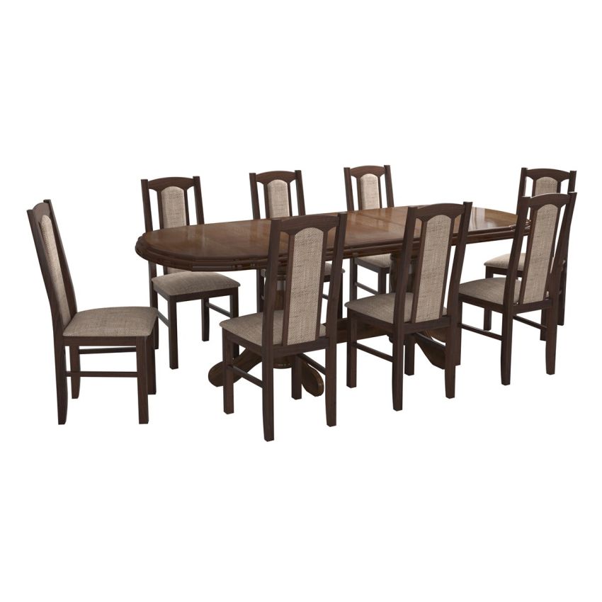 Set masa extensibila jork 160-200 cm, lemn masiv nuc, cu 8 scaune tapitate stofa maro, s-37 O2
