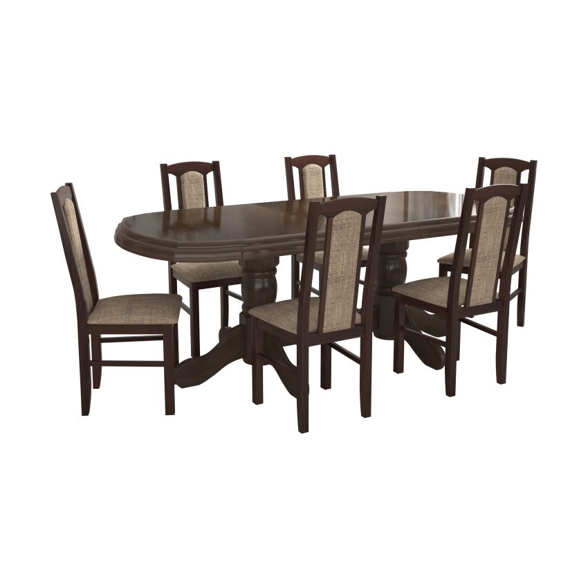 Set masa extensibila jork 160-200 cm, lemn masiv nuc, cu 6 scaune tapitate stofa maro, s-37 O2