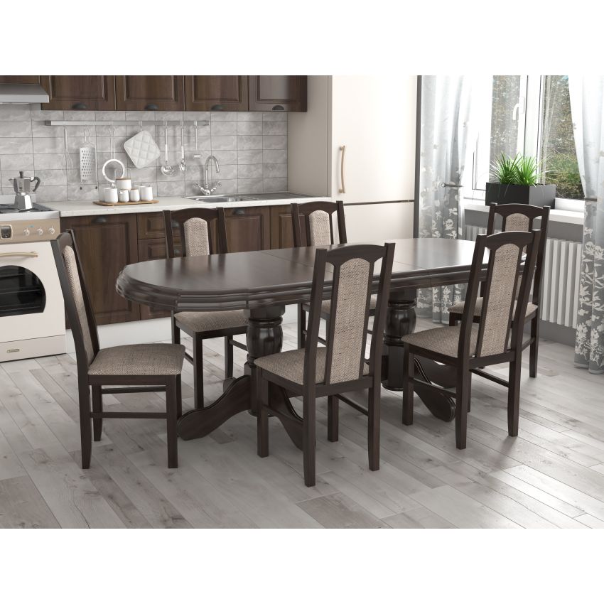 Set masa extensibila jork 160-200 cm, lemn masiv nuc, cu 6 scaune tapitate stofa maro, s-37 W2