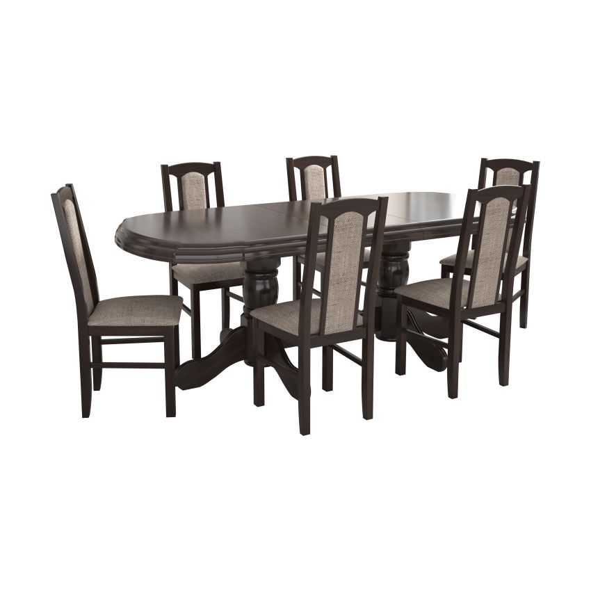Set masa extensibila jork 160-200 cm, lemn masiv nuc, cu 6 scaune tapitate stofa maro, s-37 W2