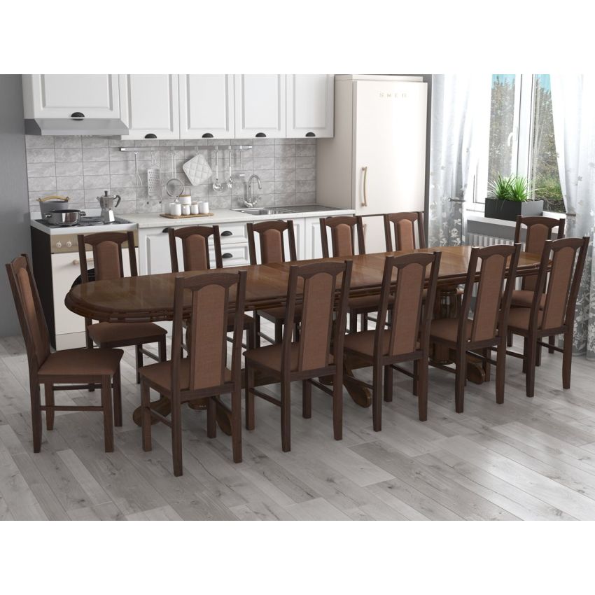 Set masa extensibila jork 250-300x100 cm, lemn masiv nuc, cu 12 scaune tapitate stofa maro, s-37 O15