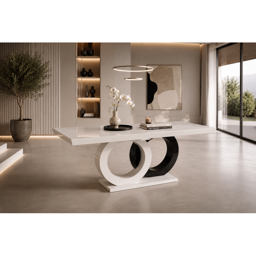 Masa extensibila 160/200x90 cm Aleks O, alb/negru, MDF vopsit