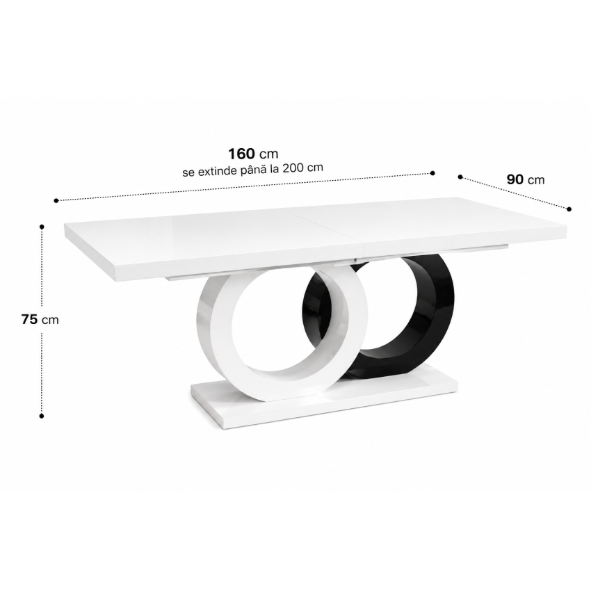 Masa extensibila 160/200x90 cm Aleks O, alb/negru, MDF vopsit