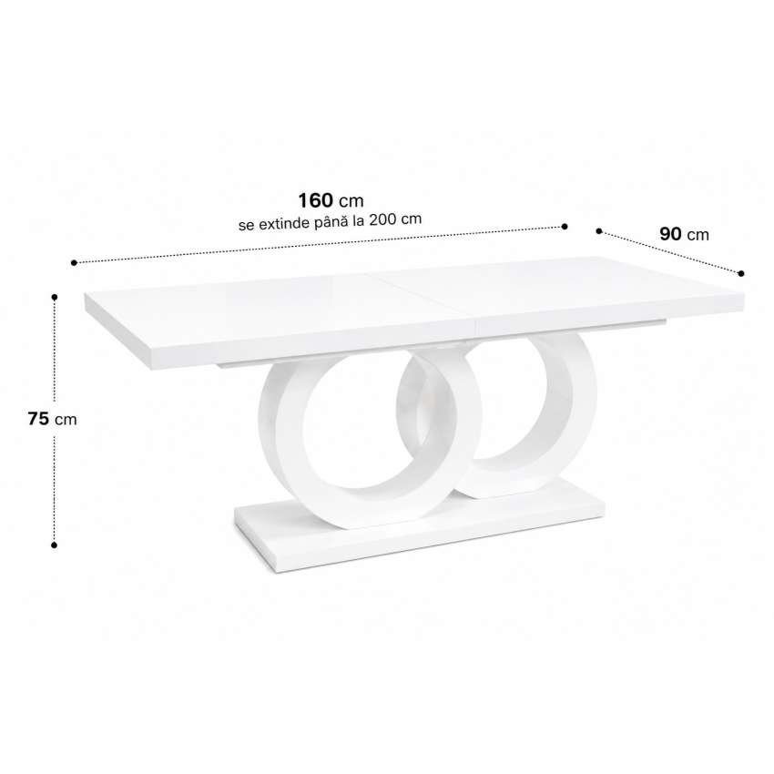 Masa extensibila 160/200x90 cm Aleks O, alb lucios, MDF vopsit