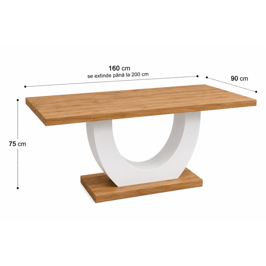 Masa extensibila 160-200 cm Ecuador, stejar/alb lucios, MDF vopsit