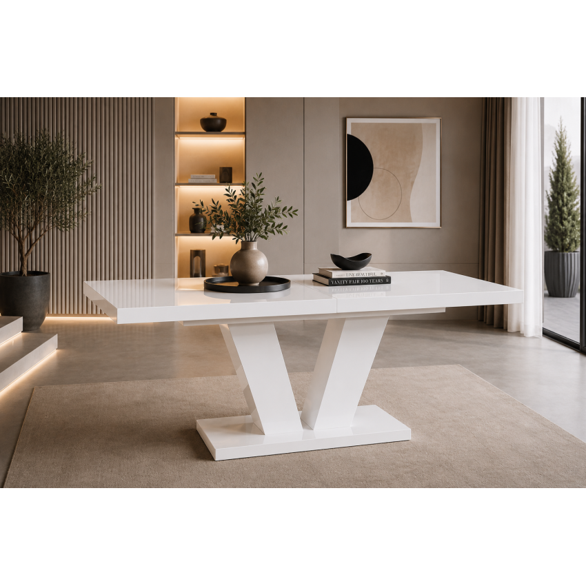 Masa extensibila V 160-200 cm, culoare alb/negru, MDF vopsit