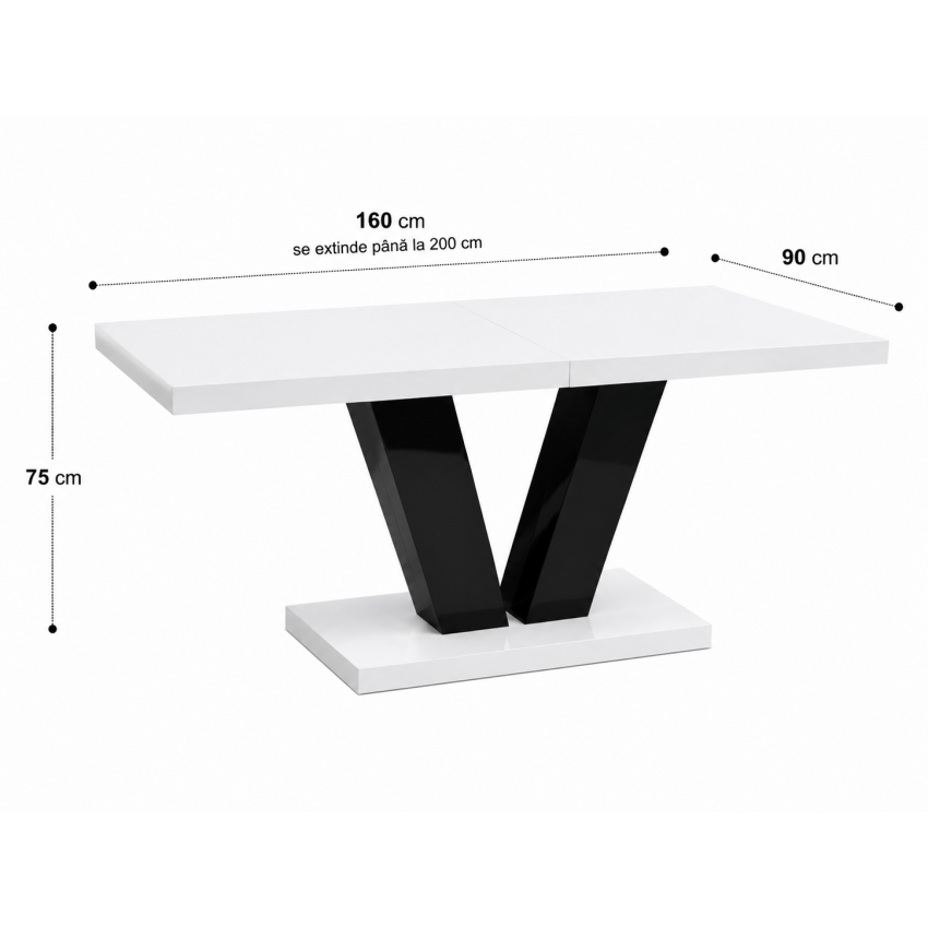 Masa extensibila V 160-200 cm, culoare alb/negru, MDF vopsit