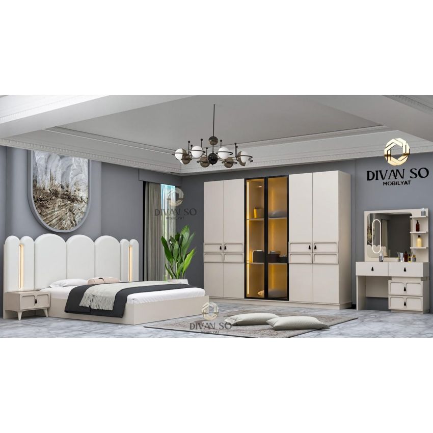 Dormitor Ece, alb, pat 160x200 cm, dulap cu 6 usi, 2 noptiere, comoda