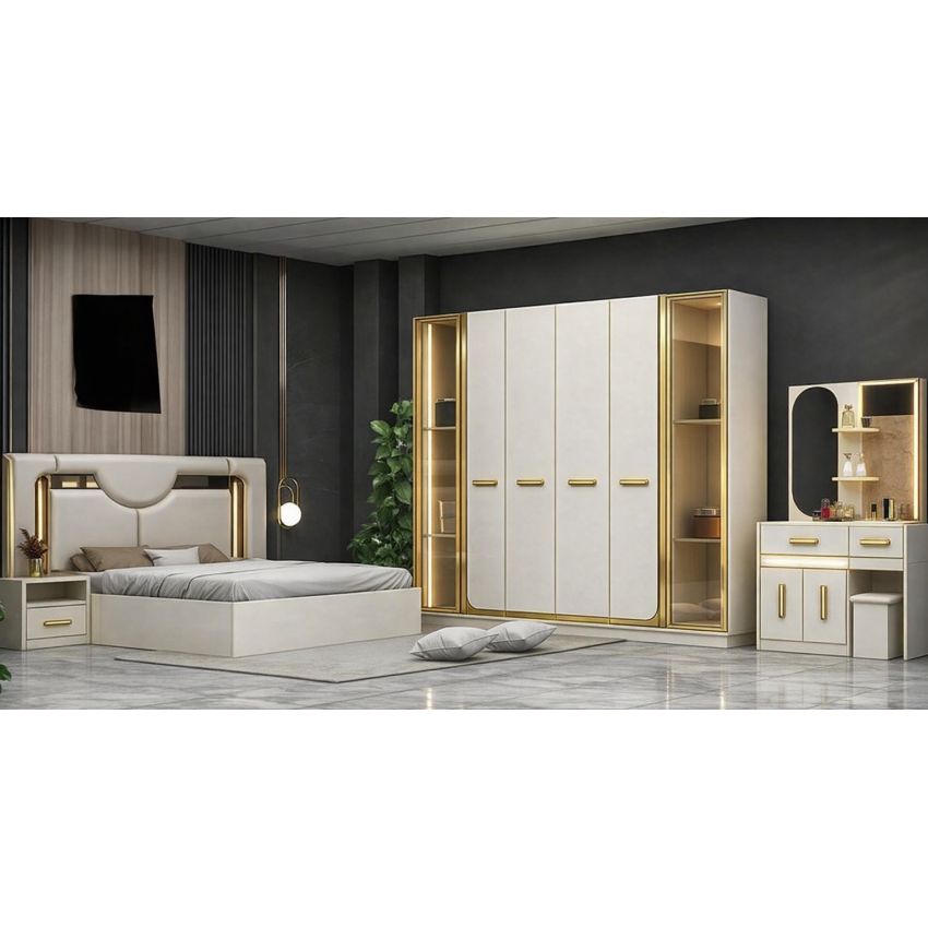 Dormitor Gold, alb/auriu, pat 160x200 cm, dulap cu 6 usi, 2 noptiere, comoda