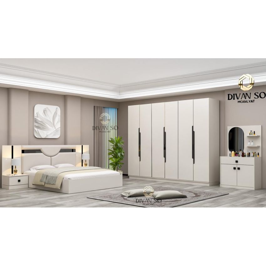 Dormitor Ariana, alb, pat 160x200 cm, dulap cu 6 usi, 2 noptiere, comoda