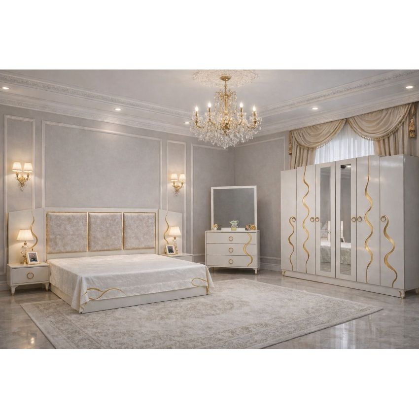 Dormitor Isabel, alb, pat 160x200 cm, dulap cu 6 usi, 2 noptiere, comoda