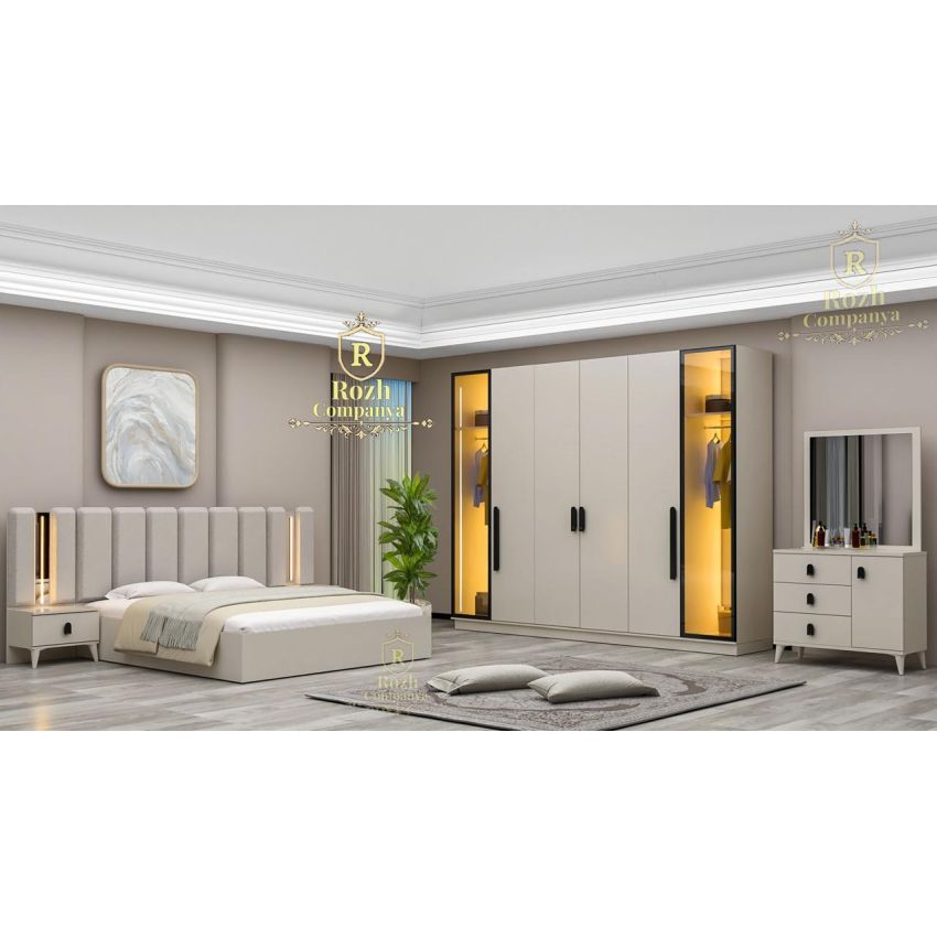 Dormitor Lotus, alb, pat 160x200 cm, dulap cu 6 usi, 2 noptiere, comoda