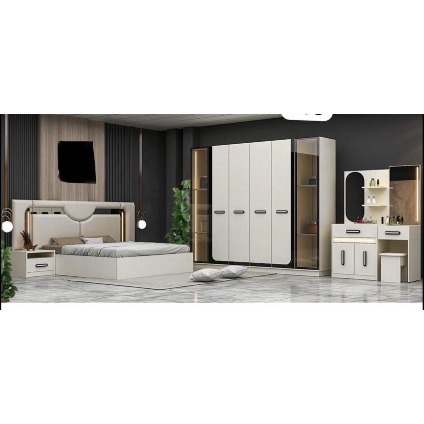 Dormitor Navara, alb, pat 160x200 cm, dulap cu 6 usi, 2 noptiere, comoda