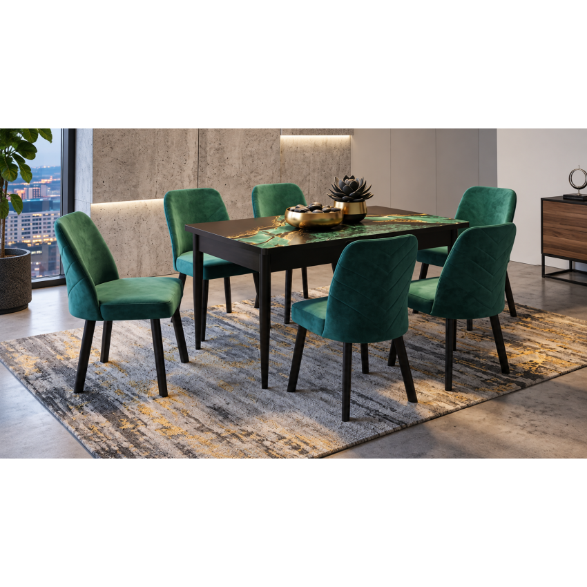 Set masaextensibila  Palma cu 6 scaune tapitate, 130-170x90cm, maro/negru