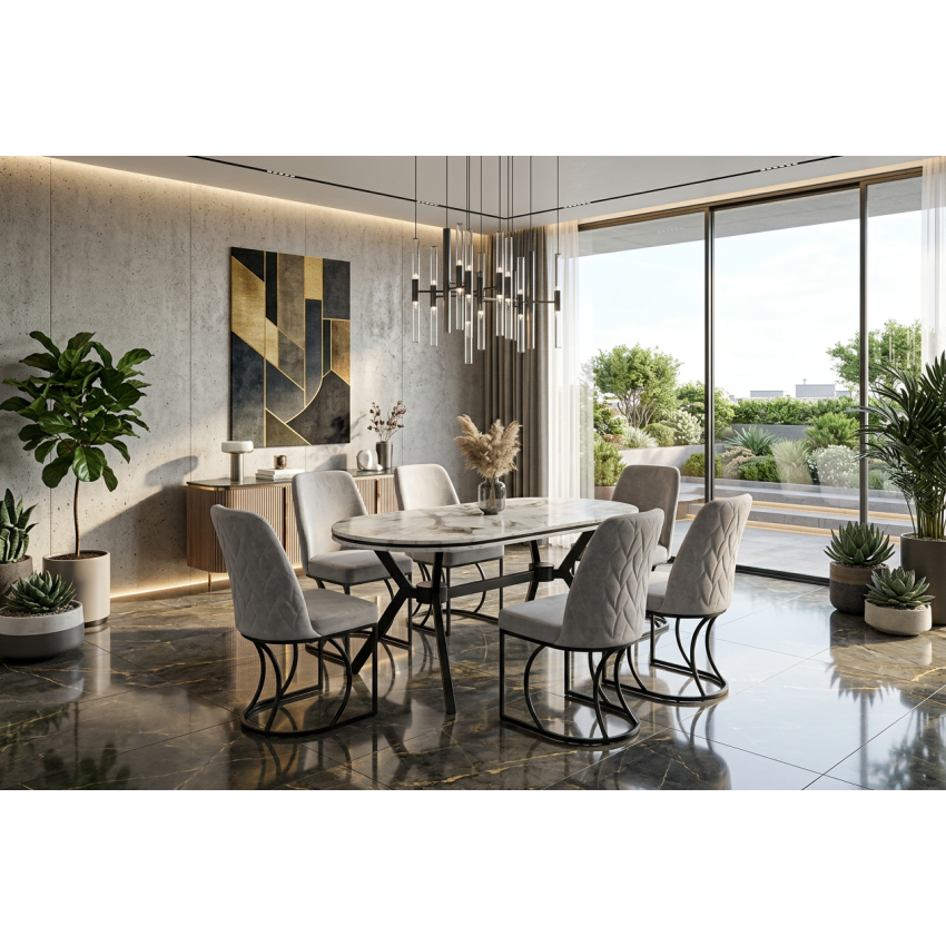 Set masa Rosto cu 6 scaune tapitate, 160x90cm, negru auriu